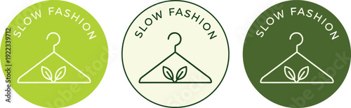 Slow fashion eco badge collection with clothes hanger leaf icon round sustainable clothing label green ethical fashion vector illustration set
