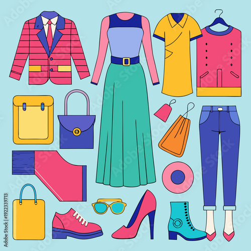 Colorful collection of modern clothing and accessories for fashion enthusiasts