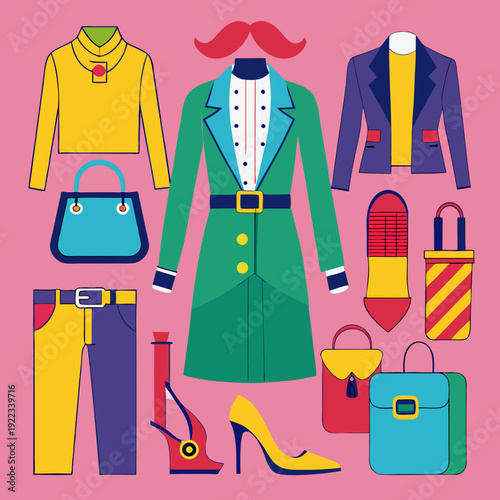 A colorful collection of trendy fashion garments and accessories for a playful style statement