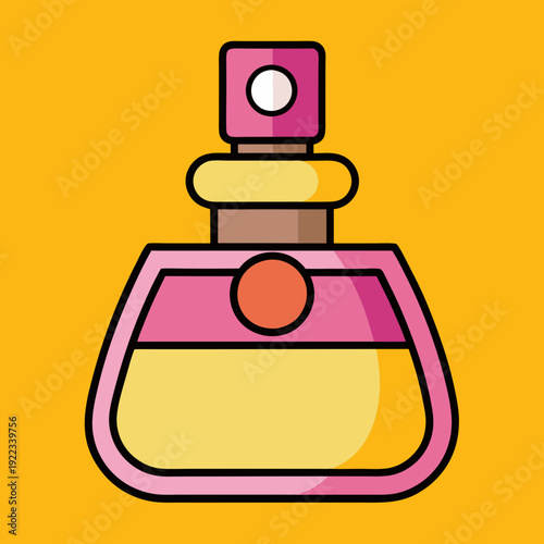 Vibrant cartoon style perfume bottle with pink accents and yellow liquid on a bright background
