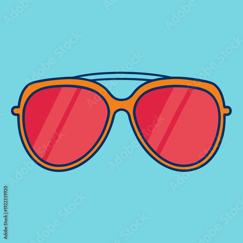Stylish orange framed sunglasses with vibrant red lenses against a serene blue background