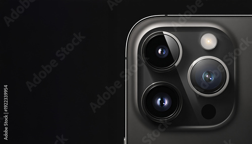 Close up of smartphone or tablet camera lens. Smartphone with triple lens camera on black background. Copy space