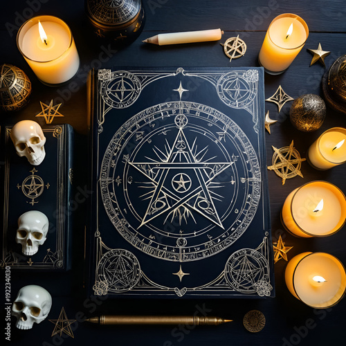 Occult grimoire, black magic book laying on table with occult symbols, candles, pentagrams, fortune telling, ritual, altar, spiritism, secret knowledge, scull. ai generative.