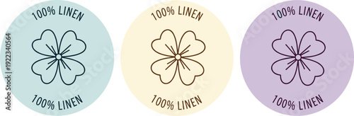 100 percent linen round label badge set with floral icon natural textile certification vector collection