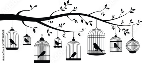 Birdcage silhouettes hanging on tree branch with birds, decorative vintage black flat vector illustration isolated wall art design