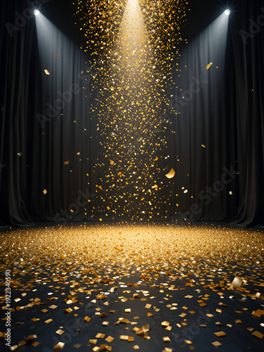 Golden confetti cascades gracefully onto a spotlight-illuminated stage, featuring dark, elegant curtains in the background. Hundreds of shimmering metallic flakes fall and accumulate on the polished f