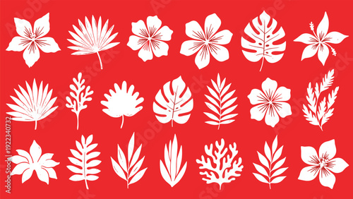 Collection of white silhouette tropical leaves, flowers, and corals with a distressed texture, contrasting vibrantly against a bold red background.