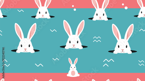 Seamless pattern of cute white rabbits peeking out of holes, with wavy lines on a blue and pink striped background, creating a playful children's design.