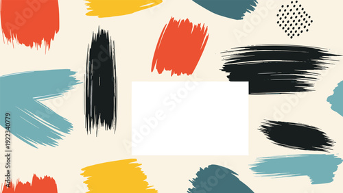 Abstract background with colorful brushstrokes and dots in a vibrant palette on a light beige backdrop, featuring a central blank rectangle for text.
