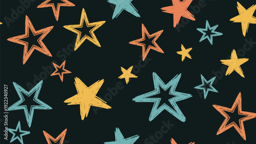 Seamless pattern of scattered brushstroke stars in various vibrant colors on a dark blue background, creating a playful and energetic cosmic design.