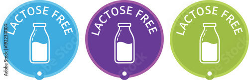 Lactose free round label badges with milk bottle icon colorful dietary product sticker set for food packaging vector illustration