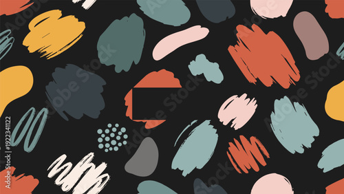 Seamless pattern of abstract brushstroke shapes and elements in muted colors on a black background, featuring a central blank rectangle for text.