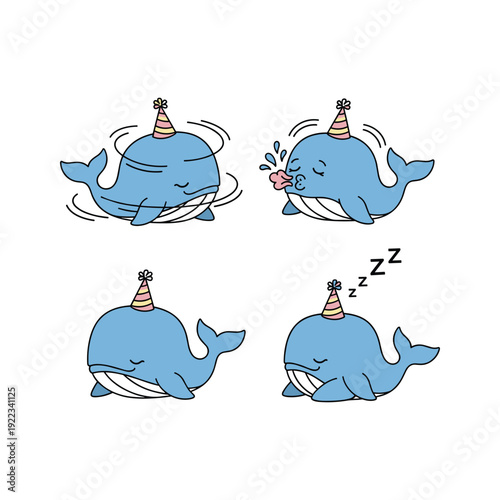 Cute cartoon whale sleeping with party hat in different poses with copy space