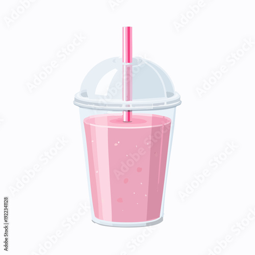 Vibrant pink smoothie or milkshake served in a clear disposable cup with a matching drinking straw, perfect for a refreshing treat
