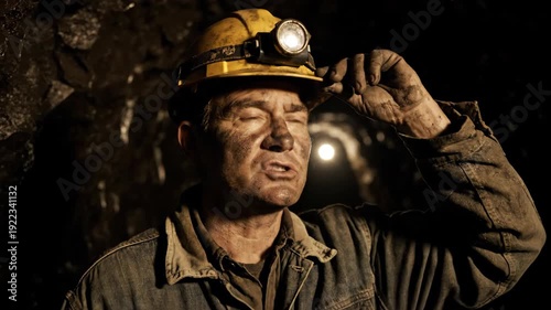 Mining industry: One senior person, coal miner with headlamp and hardhat underground in dark mine shaft, wearing denim jacket. 