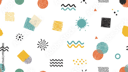 Seamless pattern of playful hand-drawn doodle elements, featuring various shapes with a crayon texture in vibrant colors on a white background.