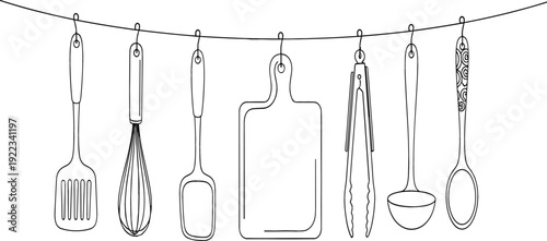Minimalist black and white line art illustration of kitchen utensils hanging on a wire including spatula, whisk, cutting board, tongs, and ladle for culinary design.