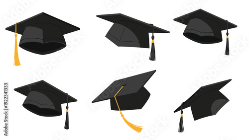 Collection of black graduation caps with yellow and black tassels, shown from various angles, symbolizing academic achievement and celebration.