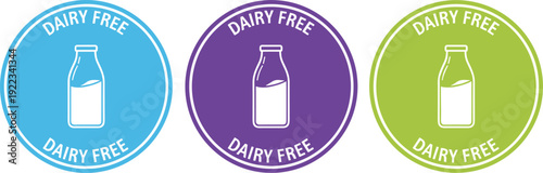 Dairy free product label badge collection with milk bottle icon lactose free vegan food packaging vector illustration set