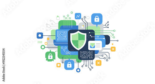 Cybersecurity and Data Protection Concept. Digital Security Shield on Network Circuit Board. Antivirus, Online Privacy, and System Defense Technology.