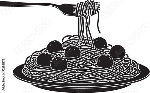 A plate of spaghetti with meatballs and a fork isolated on transparent background, Vector