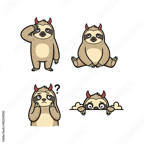 Cartoon sloth with devil horns expressing different emotions on white background