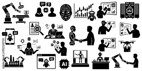 Set of black icons for artificial intelligence, robotics, and future technology, featuring AI-human collaboration, automation, data analysis, and chatbot silhouettes isolated