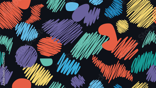 Seamless pattern of colorful scribbled blobs and shapes in various bright hues on a dark blue background, creating a playful and energetic abstract design.