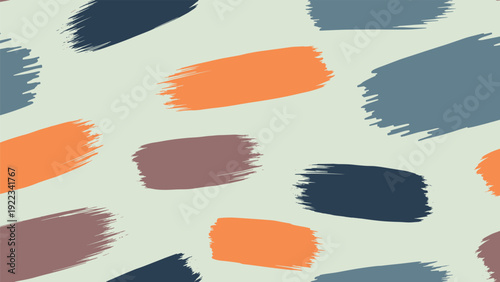Seamless pattern of scattered horizontal brushstrokes in muted, earthy tones on a light grey background, creating a modern and minimalist abstract design.