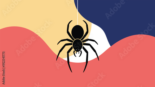Black silhouette spider hanging from a thread against an abstract background of wavy colored blobs, creating a spooky and modern Halloween design.