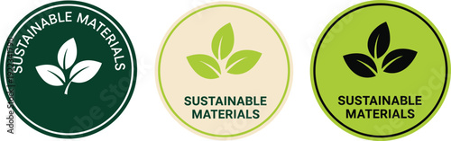Sustainable materials eco badge collection with green leaf symbol environmental label organic product certification vector illustration set