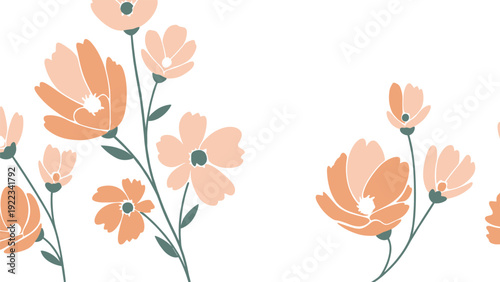 Horizontal seamless border of stylized flowers with long stems in soft peach and green on a white background, perfect for decorative frames and dividers.