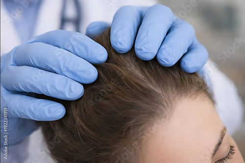 Clinician Inspecting Scalp Close Up Showing Scalp Condition and Follicle Examination for Dermatology and Trichology Consultation
