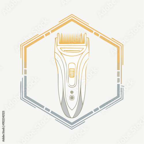 Electric Grooming Device Illustration within Hexagonal Geometric Frame