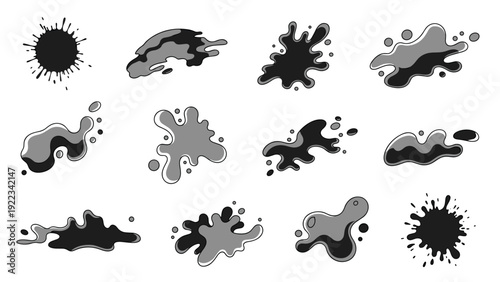 Extensive collection of abstract ink splatters, artistic paint splashes, and dynamic grunge blobs, presented in a monochrome palette on a clean white background.
