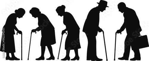 Elderly people silhouettes walking with cane, senior men and women aging concept flat vector illustration isolated design