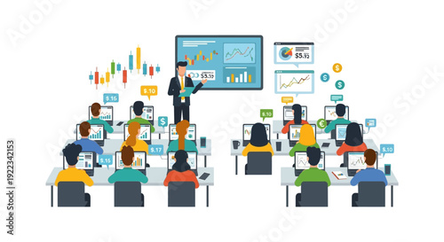 Financial Trading Workshop. Instructor Teaches Students Stock Market Analysis, Forex, and Investment Strategies in a Modern Classroom Setting.