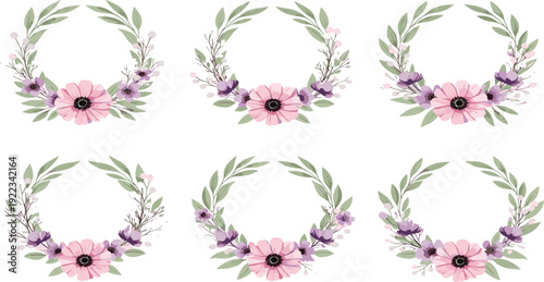 Set of six elegant floral wreaths with pink anemone flowers and green leaves isolated on white background vector illustration for wedding and stationary design.