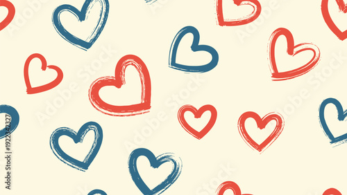 Charming seamless pattern featuring artistic brush stroke hearts in a delightful combination of vibrant red and deep blue, set against a soft beige background.