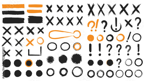 Extensive collection of grunge-style hand-drawn symbols, including X marks, underscores, circles, and punctuation in a striking black and orange palette.