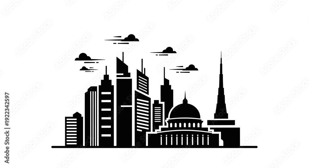 Obraz premium Silhouette of Cityscape Skyline. Isolated on White Background