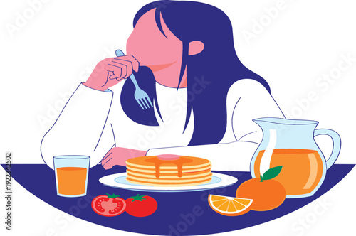 Young woman enjoying a healthy breakfast of pancakes with syrup, orange juice, and fresh fruit at a table for wellness, morning routine, and nutrition lifestyle.
