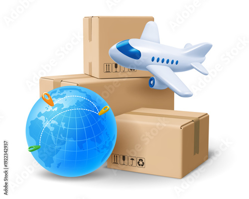 Fast, express delivery, airmail concept. Worldwide delivery conceptual design. Cardboard boxes, parcels, with blue Earth globe and flying plane. Transport logistics. 3d vector illustration