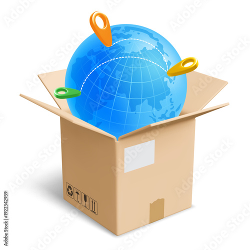 Fast, express delivery, airmail concept. Worldwide delivery conceptual design. Open cardboard box, parcel, with blue Earth globe and location pins inside. Transport logistics. 3d vector illustration