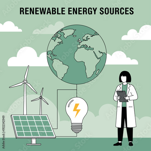 Renewable Energy Sources Concept with Wind Turbines, Solar Panel, Globe and Scientist Promoting Sustainable Power Generation Vector Illustration