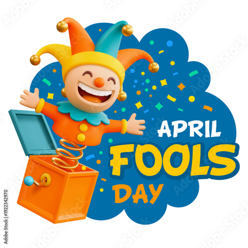 April Fools Day label or sticker with laughing jester popping from box. Bright, cheerful Jack in the box, colorful confetti and text creating fun, festive, and humorous mood. 3d vector illustration