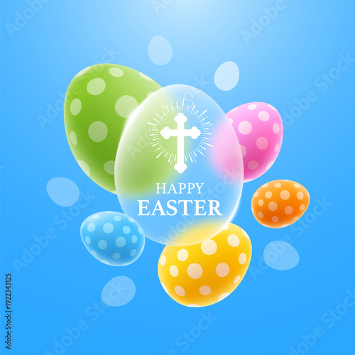 Happy Easter greeting banner or card template. Elegant, modern design with glassmorphism effect. Colored Easter eggs and transparent glassy egg with typography on blue background. Vector illustration