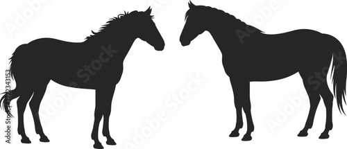 Two mirrored horse silhouettes facing each other, elegant equine pair black flat vector illustration isolated logo design element
