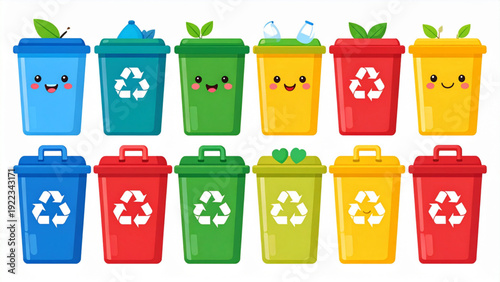 Cute Recycling Trash Bin Character Set – Eco-Friendly Cartoon Sustainability Icons