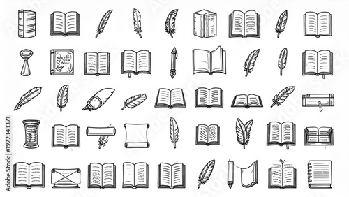 Feather and Writing Tools Icon Set – Black and White Line Art Literature Vector Collection